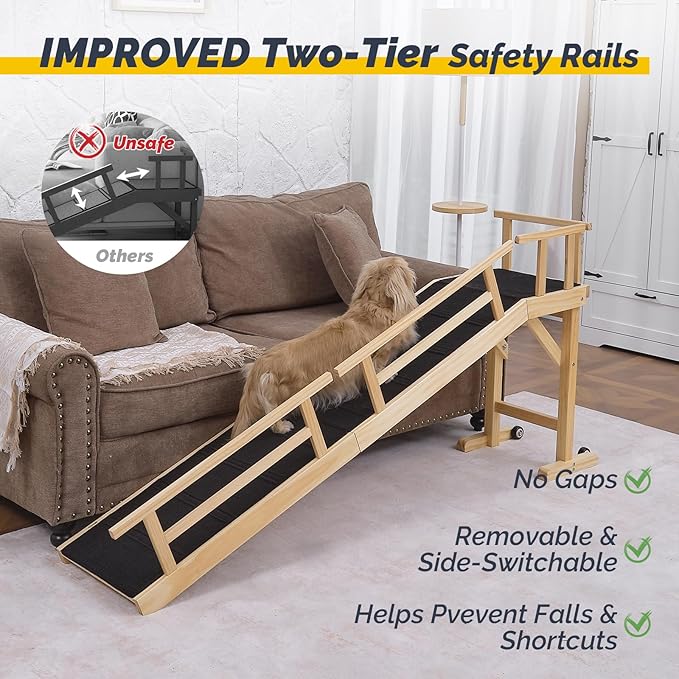 Dog Ramp for Bed or Couch, Wooden Pet Ramp with 20° Gentle Slope, Removable Side Rails, Non-Slip Surface, Top Platform & Wheels, Safe Bed Ramp for Small, Medium & Senior Dogs, 74" Long, Natural