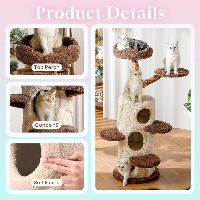 54.7'' Tall Modern Wood Cat Tree with 3 Level House, Luxury Cat Tower for Home Decoration, Large Cat Condo for Multi-Cat Families