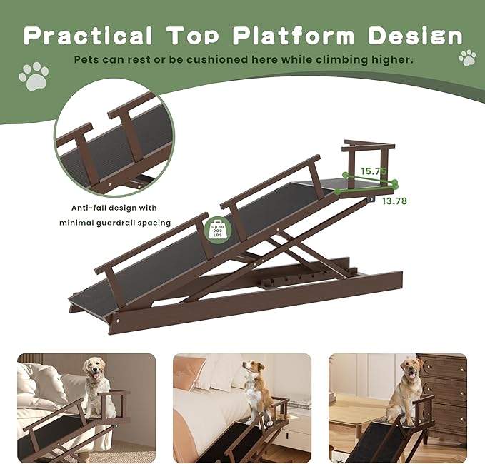 6 Level Height Adjustable Dog Ramp for Bed, Couch 65" Foldable Pet Ramp with Non-Slip Mat，DIY Glow Strips & Rest Platform Heavy Duty Dog Stairs for Large Dogs up to 200Lbs ，Brown