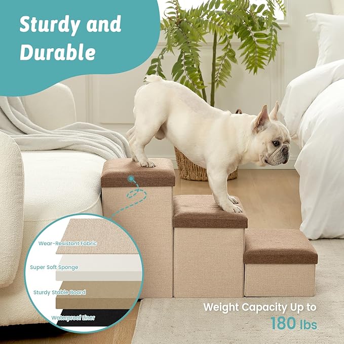 Dog Stairs with Storage, 4-Step Wider Sturdy Dog Steps for Small/Medium/Large Dogs and Older Cats, Folding Doggie Ramp for Bed/Couch/Car Hold Up to 180 lbs (22" H, Brown)