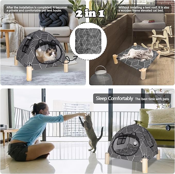 2-in-1 Elevated Cat Tent Cat House, Quick Assembly and Disassembly, Portable Indoor/Outdoor Cute Cat Bed Cave-Black Diamond Pattern