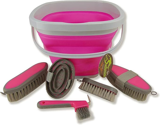 Collapsible Grooming Kit 10 Liter Bucket and 5 Grooming Tools by Southwestern Equine (Pink)