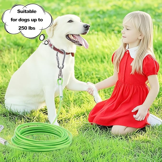Dog Tie Out Cable for Outside,20FT Heavy Duty Dog Leash&Chains with Swivel Hook,Small-Large Dogs Runner Cable Up to 250lbs, Long Dogs Lead Line for Yard Outdoor and Camping (250lbs 20FT, Green)