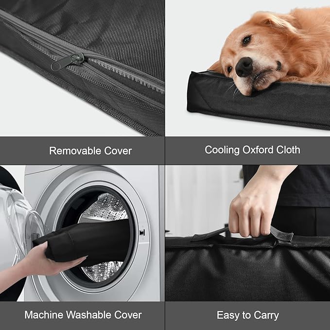 Outdoor Extra Large Dog Crate Bed, Big Waterproof Dog Bed for Large Dogs, Orthopedic Egg Foam Pet Bed Mat with Removable Cooling Cover, Black