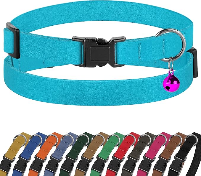 Breakaway Cat Collar Leather with Removable Bell - 13 Colors Available - Soft Adjustable Girl Boy Safety Lightweight Pet Kitten Collars Pink Brown Blue Green Red Orange Black (Aquamarine)