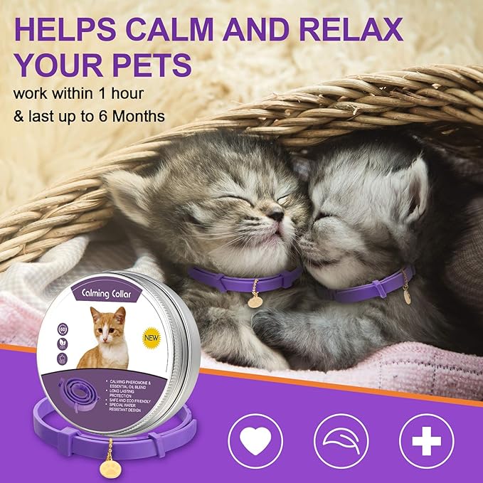 4 Pcs Cat Calming Collar Adjustable Lavender Scent Relaxing Cat Collar with 2 Pendant for Puppies Reduce Stress Aggression Anxious, up to 15 Inches(Purple, Gold)