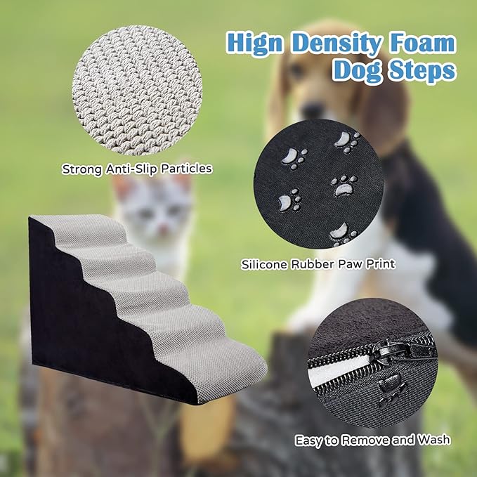 Curved Dog Stairs 24 inches High, Dog Ramp Stairs for Small Dogs for High Beds 20-25 inches Tall, 30D Foam Dog Steps for Beds 24 inches, Pet Stairs/Steps for Old Dogs Cats, Grey