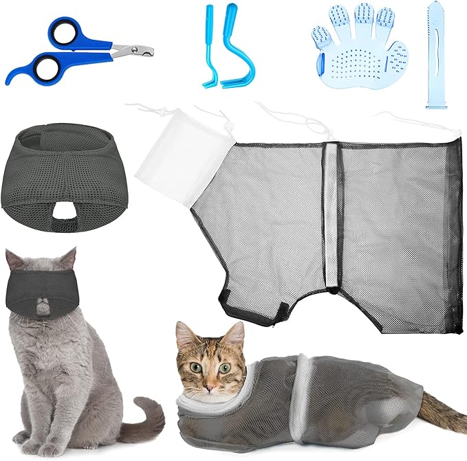 Patelai 5 Pcs Cat Bathing Bag Set Cat Grooming Bag Adjustable Pet Shower Net Muzzles Nail Clipper Tick Remover Tool Massage Brush(Grey-White)