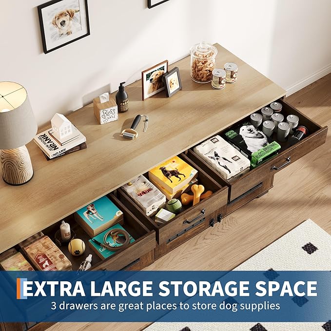 71 Inch Dog Crate Furniture for 2 Rooms, Wooden Double Crate Large Breed with Door, Dog Kennel Indoor, TV Stand End Table with Divider for Large Medium Dogs,Brown