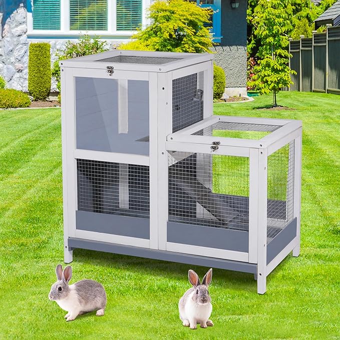 2-Story Guinea Pig Cages Wooden Indoor Rabbit Hutch Hamster Cage with Openable Roofs, Removable Tray and Wide Ramp, Small Animal Habitats for Hamsters, Guinea Pig, Ferrets, Hedgehog