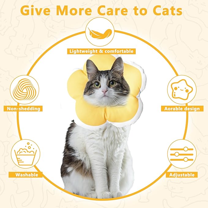 Cat Cone Collar Soft, Waterproof Cats Cones to Stop Licking After Surgery, Adjustable Soft Elizabeth Cats Collars for Wound Healing, Flower Shape Cat Recovery Collar (Yellow, X-Small)