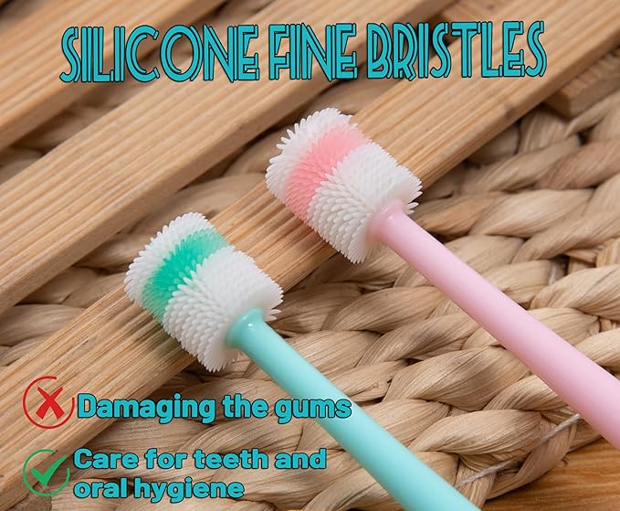 E.M&S.T by Emmeliestella Small Dog & Cat Toothbrush 360 Degree Soft Silicone, Cat Dental Care, Toothbrush Holder, Easy to Handle, Independent Packaging, Extra Suction Cup, Light Blue&Light Pink 3PCS