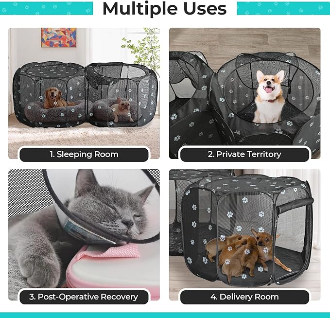 2-in-1 Cat Playpen, Pop Up Dog Pet Playpen for Indoor Outdoor Cats Enclosed, Portable Pet Playpen, Kitten Puppy Foldable Play Pen Cat Dog Tent Crate Cage Kennel(No Divider, Unified Space)