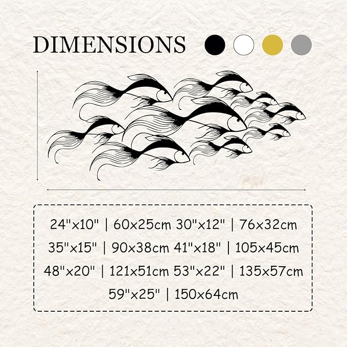 School of Fish Metal Wall Art, Metal Fish Wall Decor, Sea Life Wall Art, Large Nautical Wall Hanging, Modern Beach House Wall Decor, Ocean Themed Artwork for Bathroom (Silver, 48"x20" | 121x51cm)