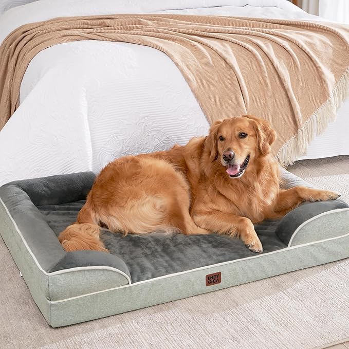 EHEYCIGA Orthopedic Dog Beds for Large Dogs, Waterproof Memory Foam Large Pet Bed with Sides, Non-Slip Bottom and Egg-Crate Foam Dog Couch Bed with Washable Removable Cover, Greyish Green