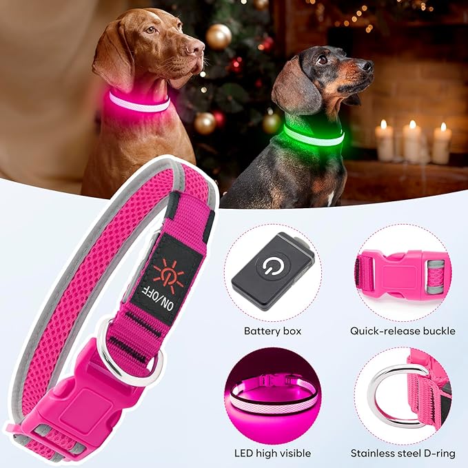Flashseen LED Dog Collar, USB Rechargeable Light Up Dog Collar Lights, Adjustable Comfortable Soft Mesh Safety Pet Collar for Small, Medium, Large Dogs(Medium, Candy Pink)