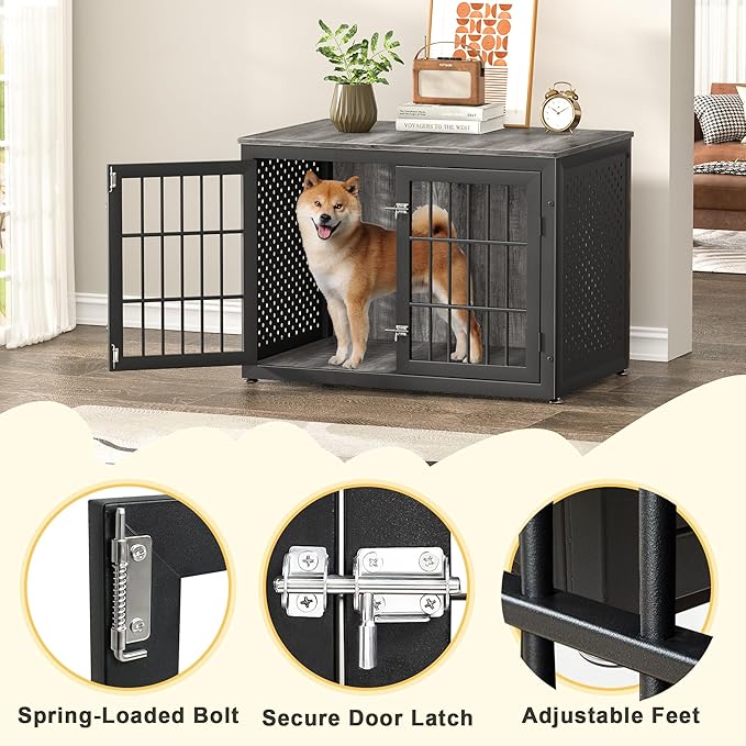 38" Heavy Duty Dog Crate Furniture for Large and Medium Dogs,Wooden Metal Kennel for High Anxiety Dogs, Chew Proof Pet Cage Indoor, Decorative Dog Kennel End Table