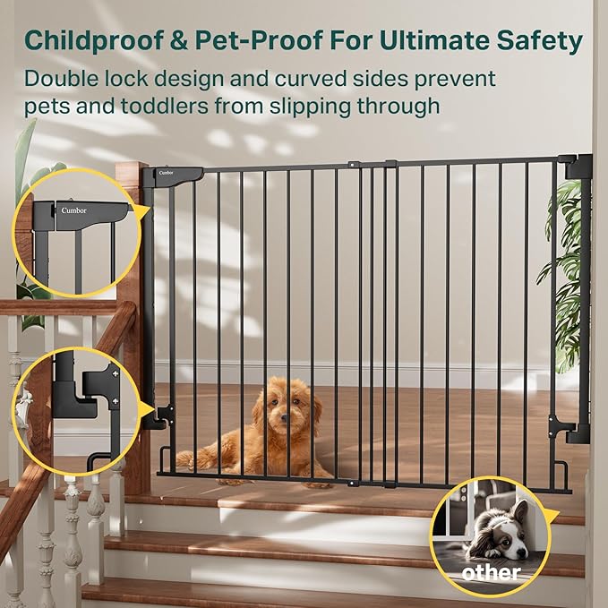 Cumbor 34" Extra Tall No Bottom Bar Baby Gate for Stairs, Auto Close Dog Gate Indoor for Larger Pets, 31.6-48" Hardware Mounted Safety Gate for Doorways, Wide Walk Thru Door for Easy Access (Black)