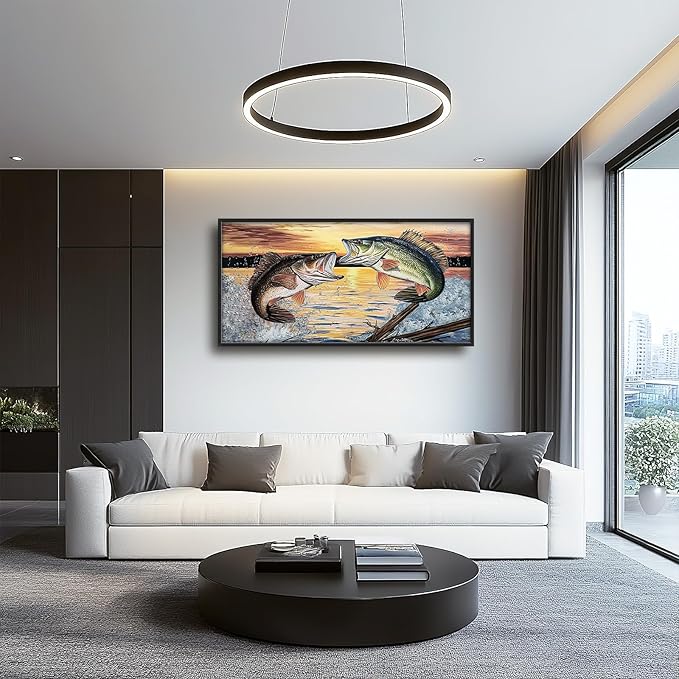 Large Fish Wall Art for Living Room, Framed Bass Fishing Wall Decor, Oversized Rustic Sunset Lake Canvas Painting Fish Pictures Modern Artwork Home Decoration for Living Room Bedroom Office 60"x30"