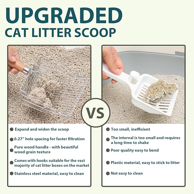 Cat Litter Scoop, Kitty Metal Scooper with Hook and Hole, Stainless Steel Kitten Poop Lifter for Litter Box, Non Stick, Durable and Heavy Duty Sifter for Easy Clean