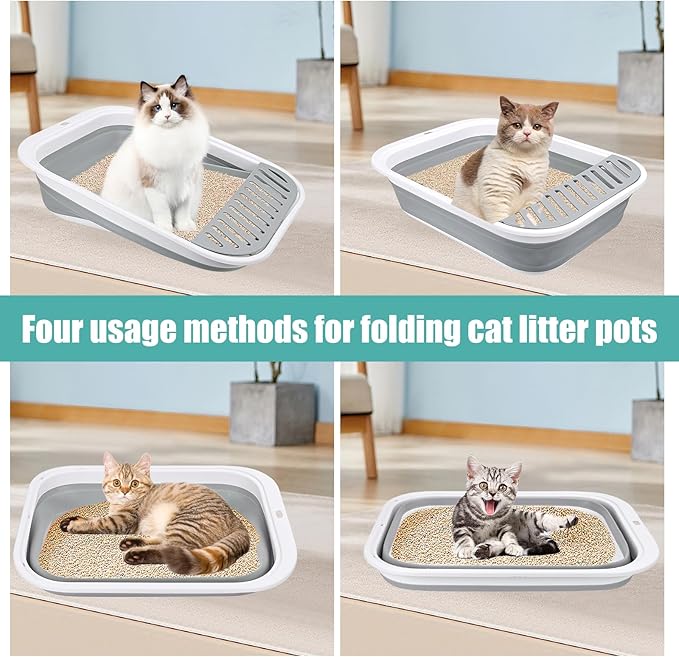 Cat Litter Box for Travel, 18"×14" Grey Small Litter Box for Open Foldable Waterproof Litter Pan,Kitty Litter Box Easy to Clean and Assemble, Portable Litter Box with Scoop