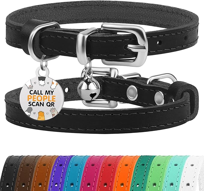 BRONZEDOG Leather Cat Collar with Removable Bells Non Breakaway Kitten QR Tag for Girl Boy (9" - 12" Cats/Mini Dogs, Black & Silver)
