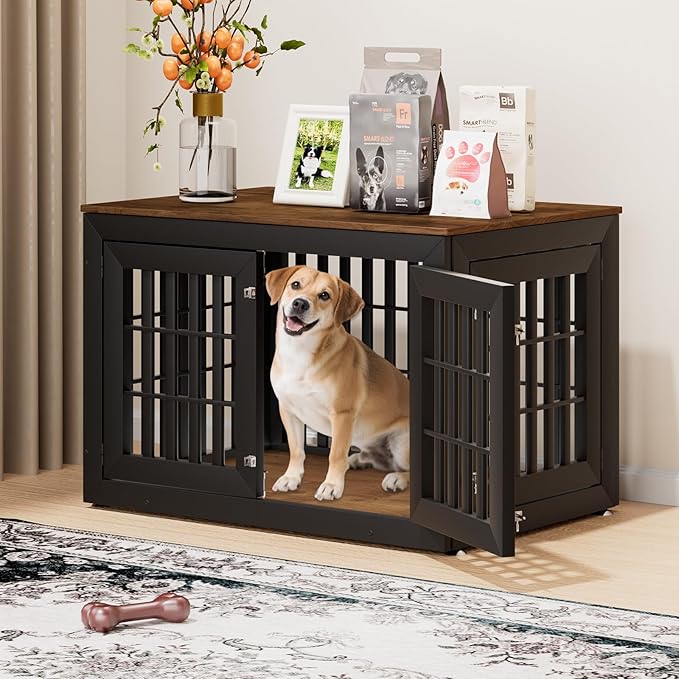 42" Heavy Duty Dog Crate Furniture for Small,Medium and Large Dogs,Rustic Wooden Dog Cage Kennel Indoor Furniture with Waterproof Top,Decorative Pet House Side End Table (Black & Wood)