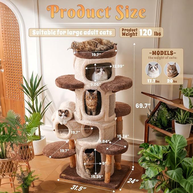 70'' Luxury Heavy Duty Cat Tree for Indoor Cats Adults,Treehouse Theme Large Cat Tower for Home Decoration,Multi-Level Modern Maine Coon Condo with 3*Wood Scratching Post,Perch,Huge House for Multicat