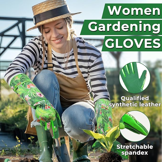 HANDLANDY Women Gardening Gloves, Thorn Proof Breathable Ladies Rose Pruning Long Gauntlet Floral Print Garden Yard Gloves, Gift for Gardeners (Green, M)