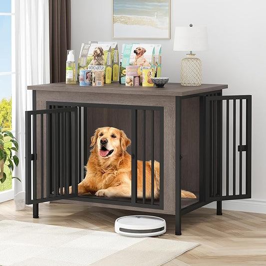 EasyCom 39.96" XL Wooden Large Dog Crate Furniture for Medium and Large Breed, Chew-Resistant Dog Kennel Furniture Indoor with 2 Doors and 3.94" Raised Feet, as TV Stand, End Table, Crate Table
