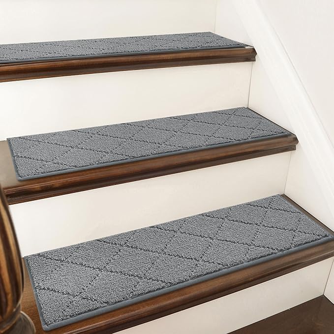 COSY HOMEER Stair Treads for Wooden Steps 9"x28" Washable Indoor Carpet Stair Treads Non Slip Soft Polyester Stair Carpet Tread Reusable Stair Runner Rugs for Kids, Elders,Pets,Medium Grey,10pcs