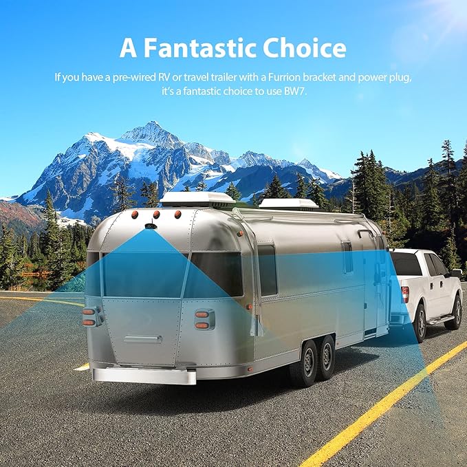 4 Cameras Wireless RV Backup System with 7-Inch Monitor, 2 Rear Sharkfin 2 Side Cameras, IR Night Vision, IP69k Waterproof Recording, Compatible with Furrion Pre-Wired RV Truck Trailer BW4