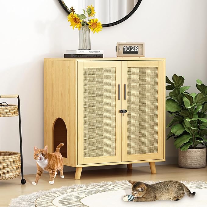 Lovinouse Large Cat Litter Box Enclosure,Hidden Kitty Litter Furniture with Sisal Covered Doors,2-Layer Wooden Cat Washroom Cabinet w/Adjustable Shelf,Side Table for Living Room,Natural