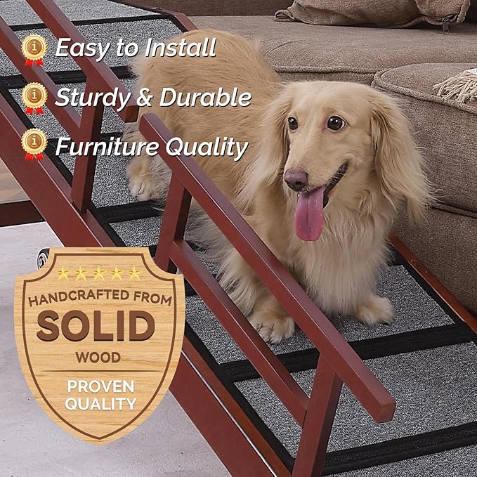 Dog Ramp for Bed or Couch, Wooden Pet Ramp with 20° Gentle Slope, Removable Side Rails, Non-Slip Surface, Top Platform & Wheels, Safe Bed Ramp for Small, Medium & Senior Dogs, 60" Long, Mahogany