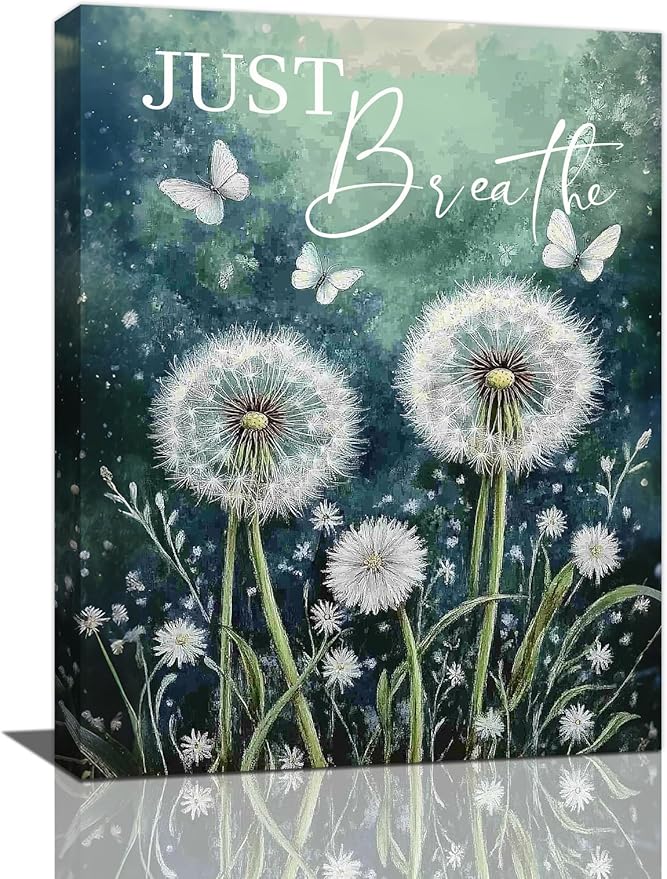 Dandelion Pictures Wall Art, Farmhouse Floral Bathroom Wall Decor, Rustic Inspirational Framed Painting Butterfly White Flower Canvas Artwork for Bathroom Bedroom Living Room Decorations 24"L x 16"W