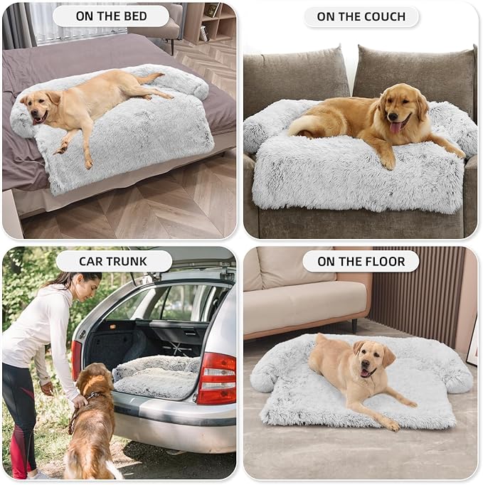 Calming Dog Bed Fluffy Plush Dog Mat for Furniture Protector with Removable Washable Cover for Large Medium Small Dogs and Cats (Extra Large (53x39.3x6), Light Grey)