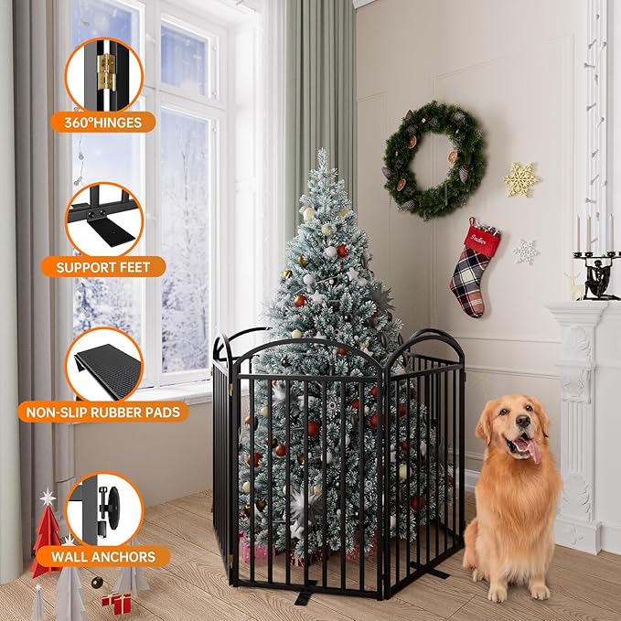 6 Panles Full Matel Freestanding Dog Gates with Door, 144"Extra Wide 36"Tall Free Standing Dog Pet Gate for Indoor & Outdoor. Foldable Pet Fences for Doorways, House, Stairs, Porch, Deck, Yard