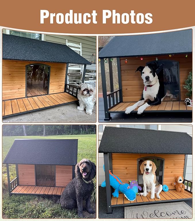 Gutinneen Large Dog House Outdoor with Strength Metal Frame, Outside Dog House with Waterproof Roof, PVC Curtain, Fir Wood Patio, Design for Small & Medium & Large Dogs