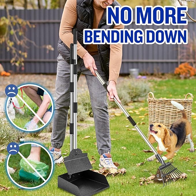 Dog Pooper Scooper for Large Dogs, 3 Pack Adjustable Long Handle Metal Tray, Rake and Spade Poop Scoop with Bin for Pet Waste Removal, No Bending Clean Up for Medium and Large Dogs