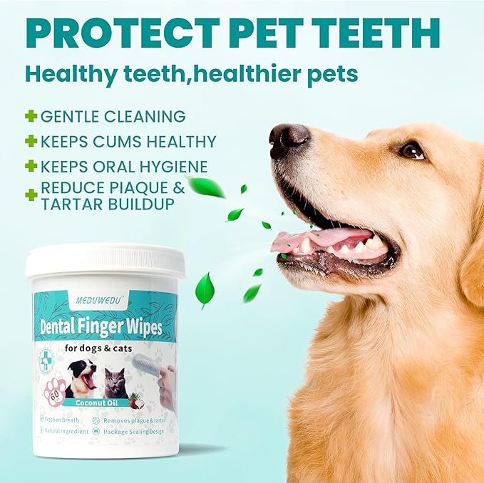 Dental Care Finger Wipes 60 Counts,Teeth Cleaning Finger Wipes for Dogs & Cats,Reduces Plaque & Supports Oral Freshness, Small Animal Stain Removers, Peach Scent
