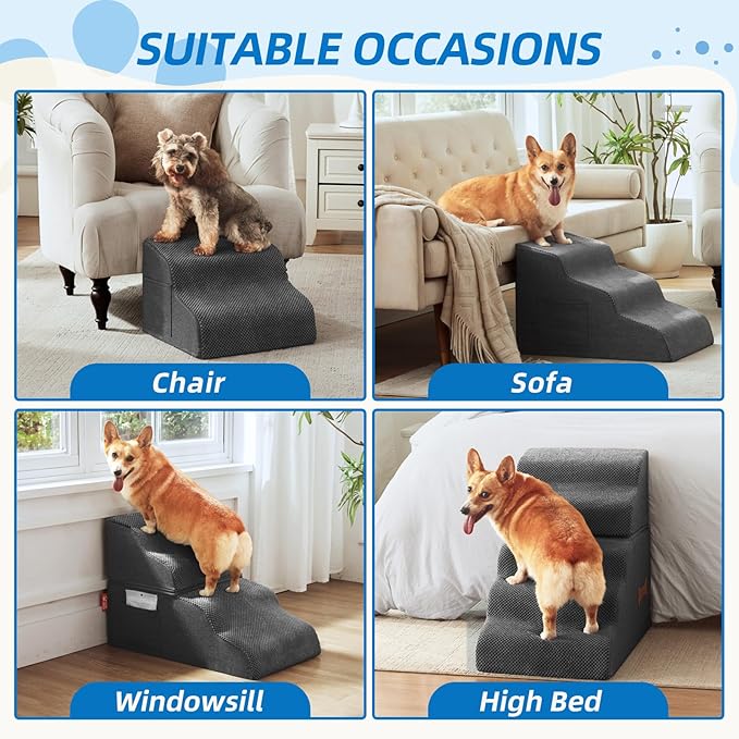 Dog Stairs for Small Dogs and Cats, 2 Steps Pet Stairs to Get on Couch Sofa and Chair, Indoor Non-Slip Balanced Portable Pet Step, High-Density Foam Ramp with Removable Washable Cover, Grey（11.8" H）