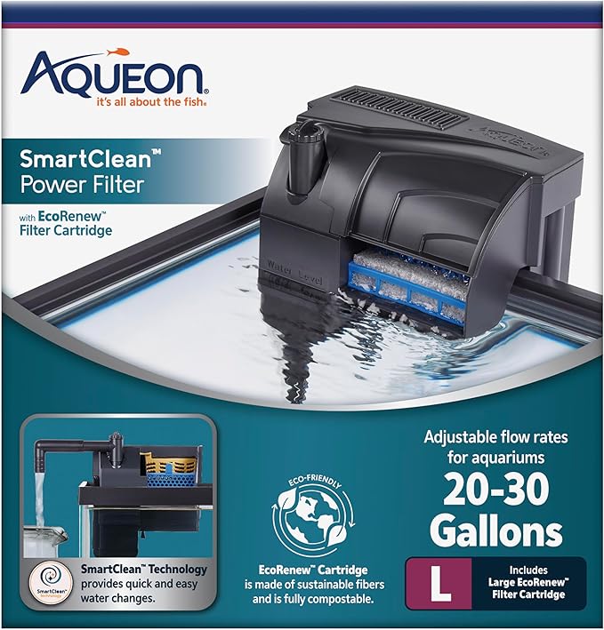 Aqueon Aquarium Fish Tank SmartClean Power Filter with EcoRenew Filter Cartridge, 20-30 Gallons