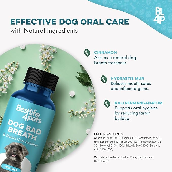 Dog Bad Breath Treatment & Dog Dental Care Solution, Natural Supplement for Canine Oral Health, Canine Tooth Pain Relief, Plaque Control, Gum Disease, Gingivitis, 400 Odorless, Tasteless Pills