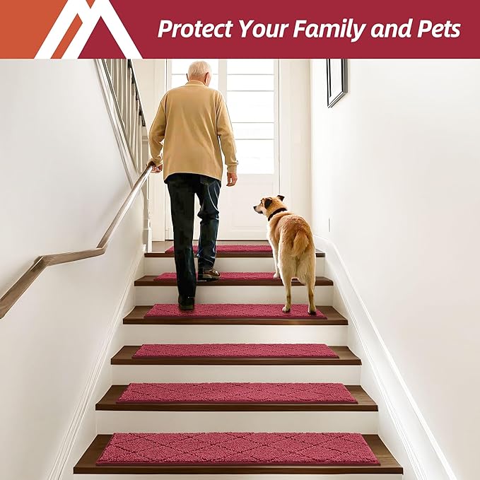 COSY HOMEER Edging Stair Treads Non-Slip Carpet Mat 28inX9in Indoor Stair Runners for Wooden Steps, Edging Stair Rugs for Kids and Dogs, 100% Polyester TPE Backing (4pc, Red)