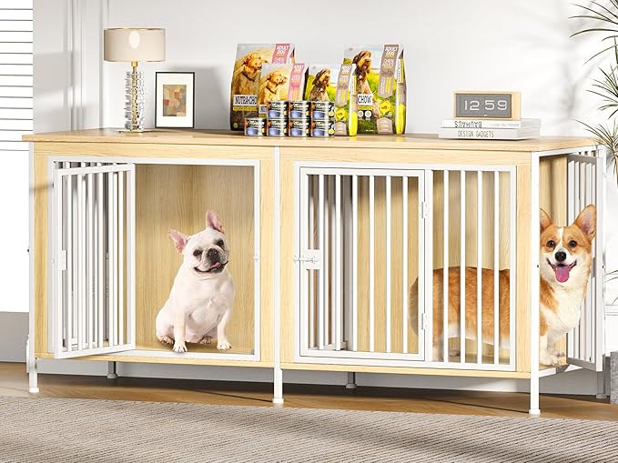 EasyCom 63" Dog Cage Furniture for 2 Pets with Divider, XL Wooden Double Dog Crate Furniture TV Stand for Mideum Breed, Durable and Sturdy