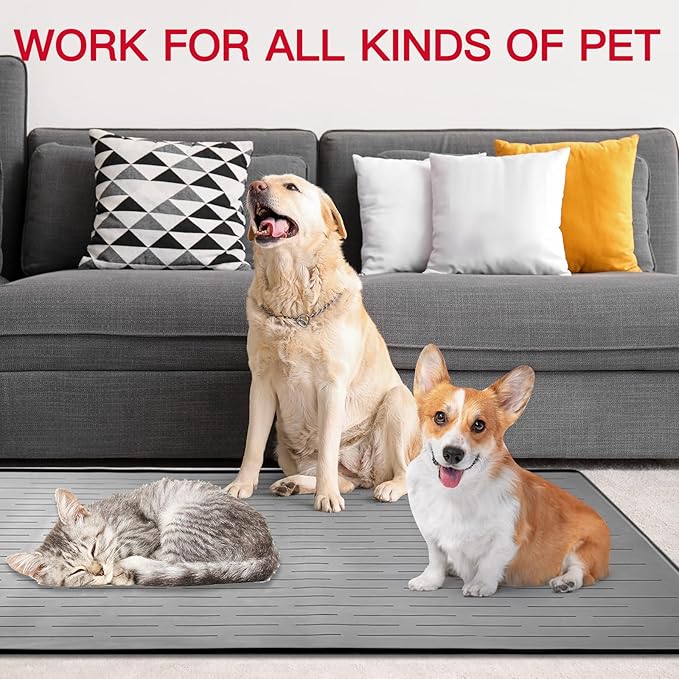 39.4"x29.5" Large Pet Food Mat, Silicone Dog Mats for Food and Water, Nonslip Pet Feeding Mats for Floors,Dog Cat Bowl Mat with Raised Edges, Dark Gray