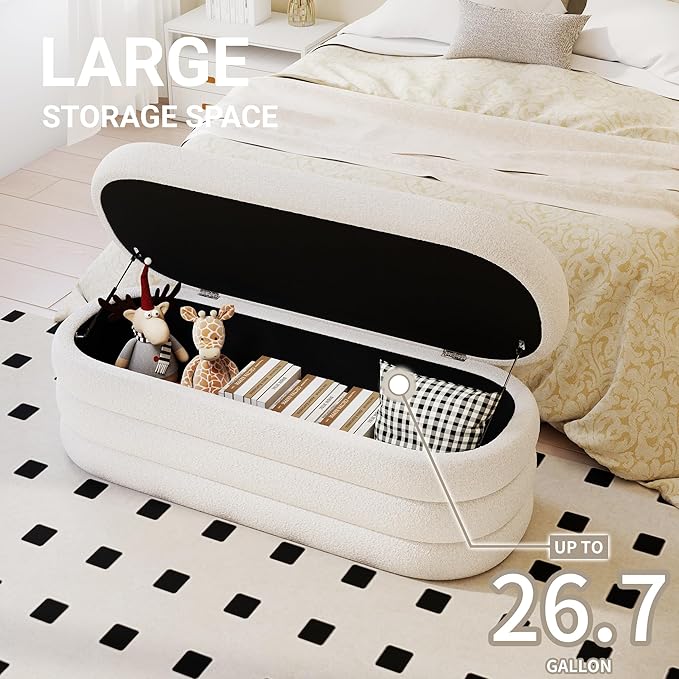 Storage Ottoman Bench 49.2 Inch Upholstered Fabric Storage Bench for Bedroom End of Bed Aesthetic Large Oval Ottoman for Living Room Entryway (Ivory)