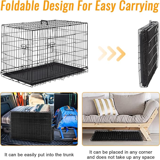 FDW Dog Crate for Medium Dogs 30 Inch Folding Metal WirePet Cage Double Door W/Divider Panel Indoor Outdoor Kennel Leak-Proof Plastic Tray,Black