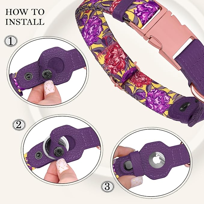 AirTag Dog Collar for Small Medium Large Breed - Adjustable Cute Pattern Dog Collar with Airtag Holder - Soft Leather Tracker GPS Apple Air Tag Pet Collars (X-Large, 20"-25" Neck Fit, Peonies)