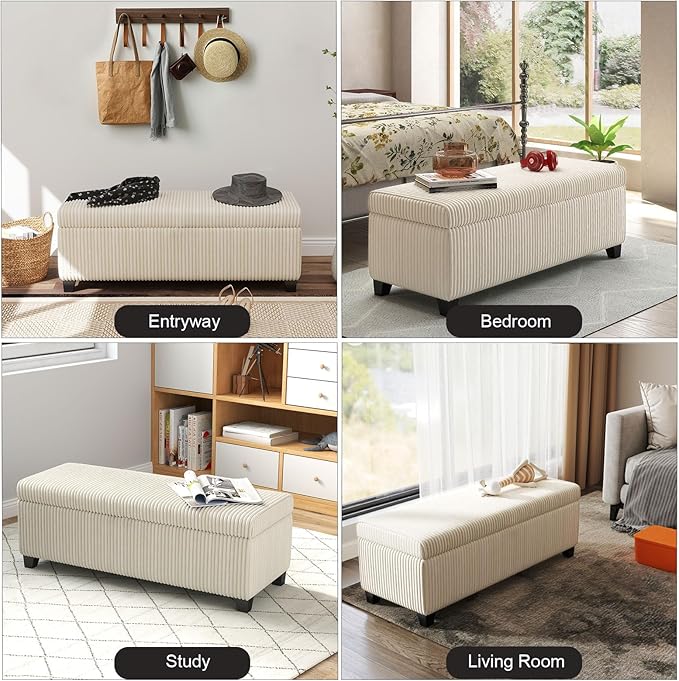 48" Ottoman with Storage, Corduroy Storage Ottoman Bench for Bedroom, End of Bed Bench with Safety Hinge for Living Room, Bedroom, Entryway, White